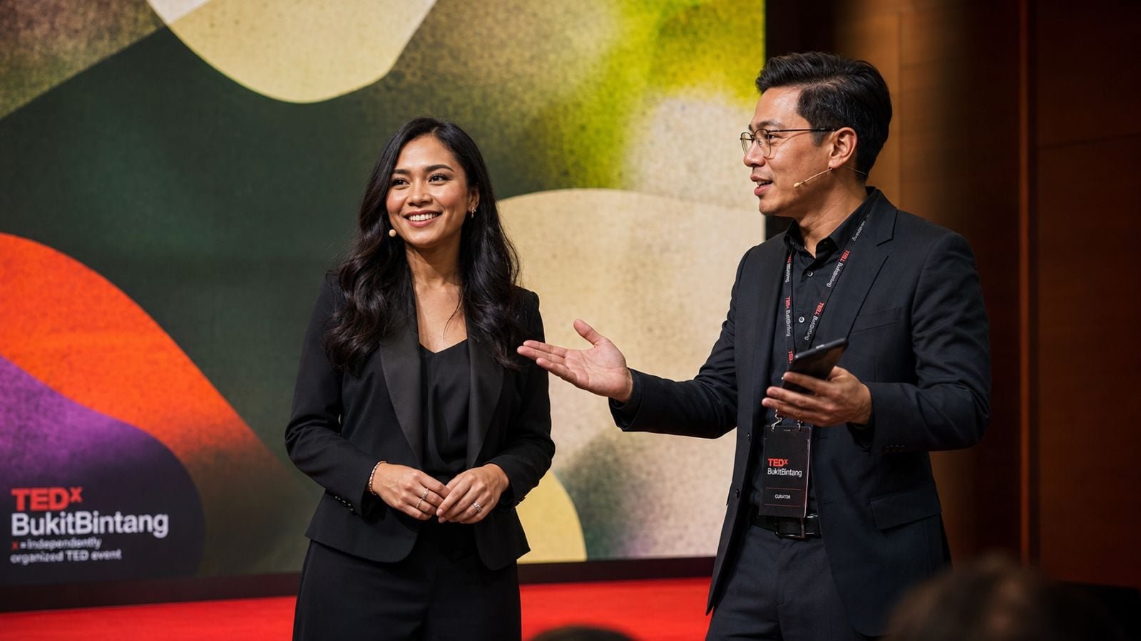 Two speakers in conversation on the TEDxBukit Bintang stage